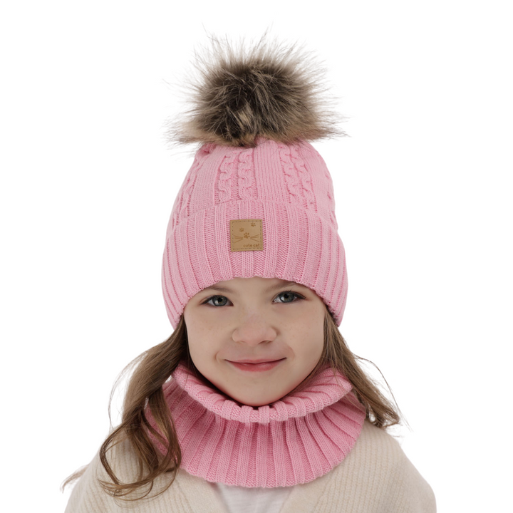 Ensemble d'hiver fille: bonnet et snood, rose, avec pompon, Alexia