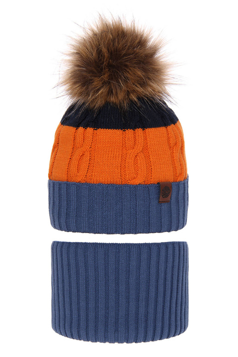 Ensemble d'hiver garçon: bonnet et snood, bleu, avec pompon, Karmel