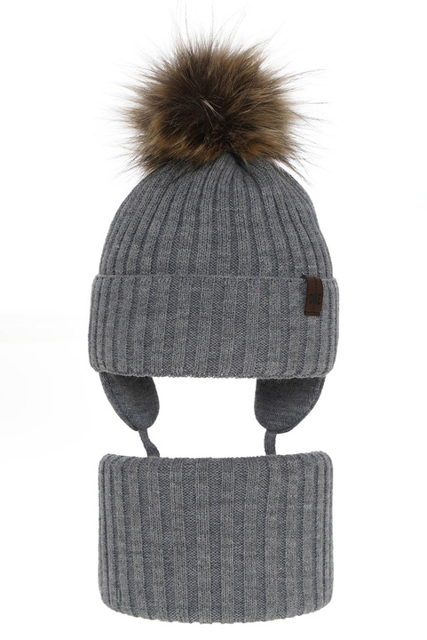Ensemble d'hiver garçon: bonnet et snood, gris, avec pompon, avec liens, Puzel