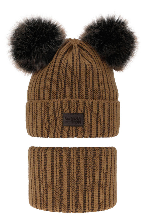 Ensemble d'hiver garçon: bonnet et snood, camel, avec deux pompons, Tokio