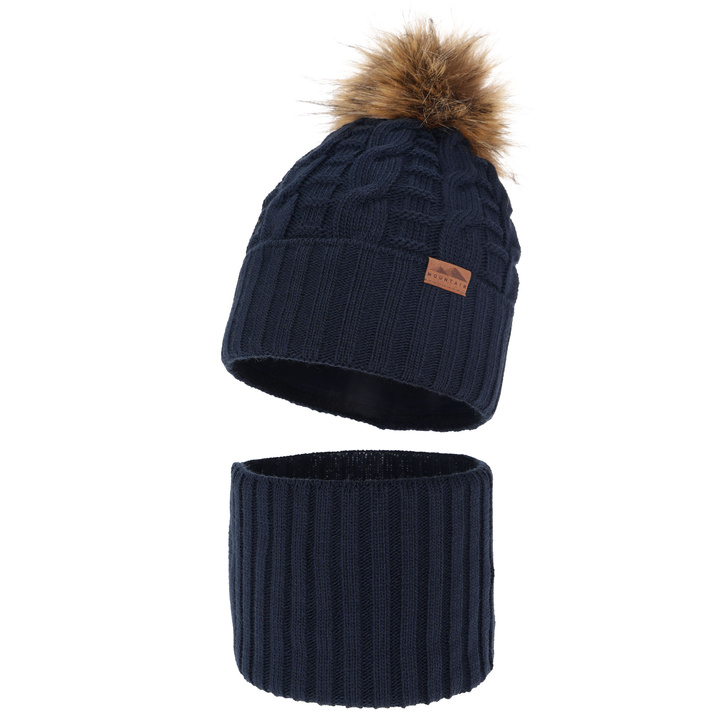Ensemble d'hiver garçon: bonnet et snood, bleu marine, avec pompon, Cent