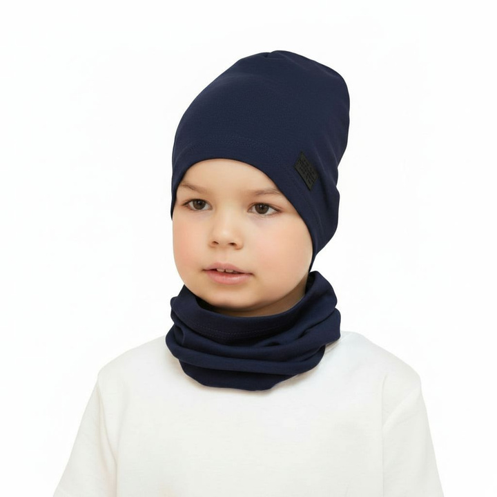 Ensemble automne/printemps garçon: bonnet et snood, bleu marine, en coton, Frizi