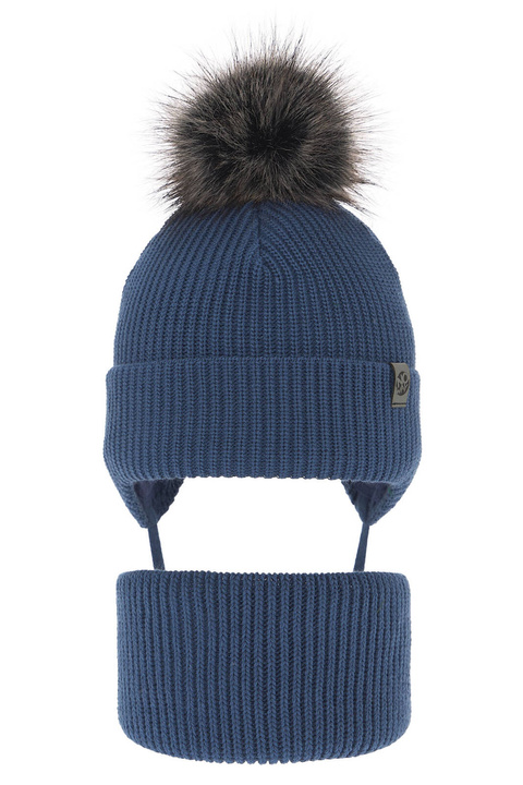 Ensemble d'hiver garçon: bonnet et snood, bleu, avec pompon, Honed