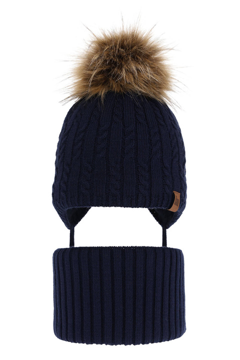 Ensemble d'hiver garçon: bonnet et snood, bleu marine, avec pompon, Indigo
