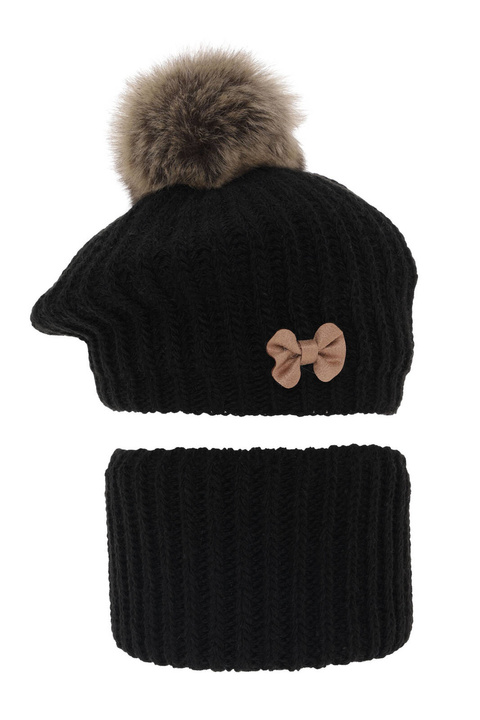 Ensemble d'hiver fille: beret et snood, noir, avec pompon, Polinezja