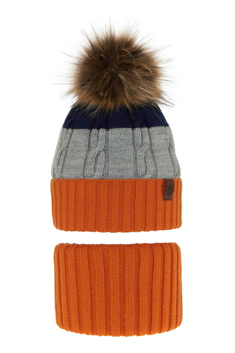 Ensemble d'hiver garçon: bonnet et snood, orange, avec pompon, Karmel
