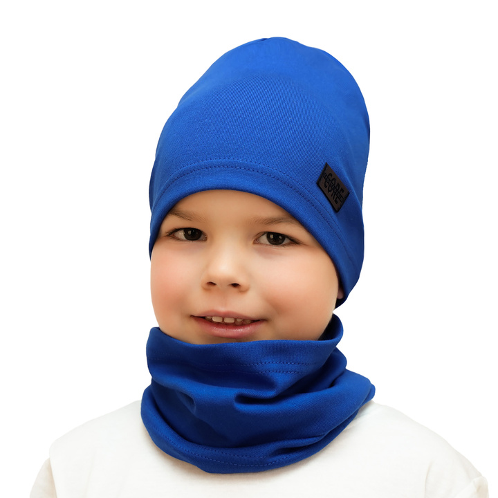 Ensemble automne/printemps garçon: bonnet et snood, bleu, en coton, Frizi