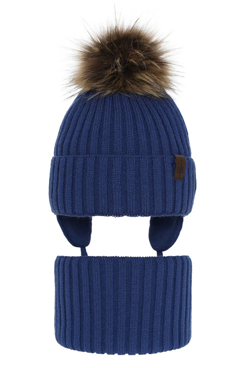 Ensemble d'hiver garçon: bonnet et snood, bleu, avec pompon, Puzel