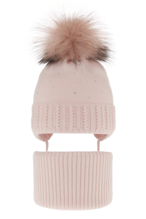 Ensemble d'hiver fille: bonnet et snood, rose clair, avec liens, avec pompon, Renia