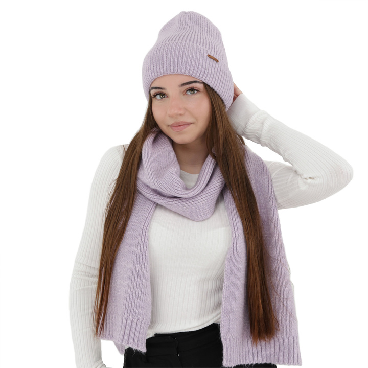 Ensemble d'hiver femme: bonnet et écharpe, violet, avec laine mérinos, Seala