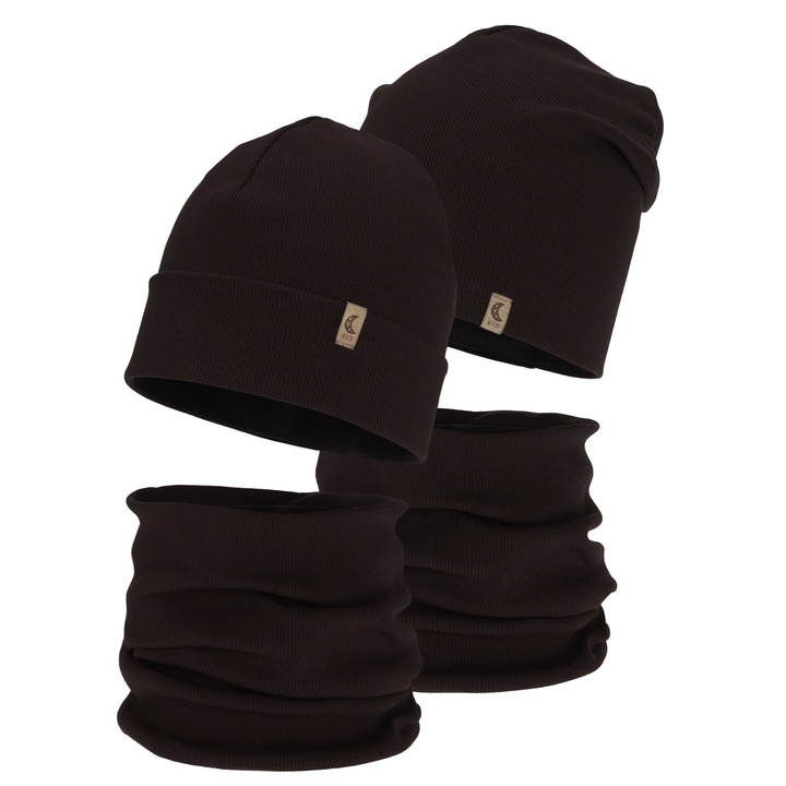 Ensemble automne/printemps fille: bonnet et snood, en coton, marron foncé, Bravura