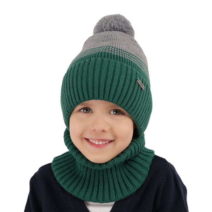 Ensemble d'hiver garçon: bonnet et snood, vert, avec pompon, Pallas
