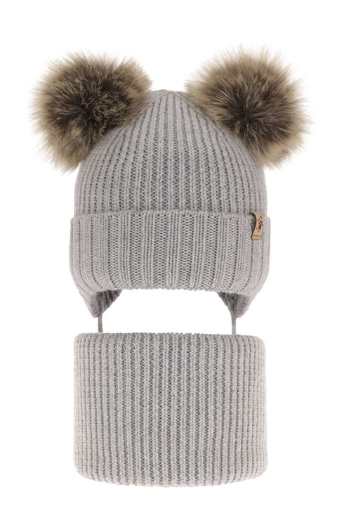 Ensemble d'hiver fille: bonnet et snood, gris, avec deux pompons, avec laine mérinos, Silvia