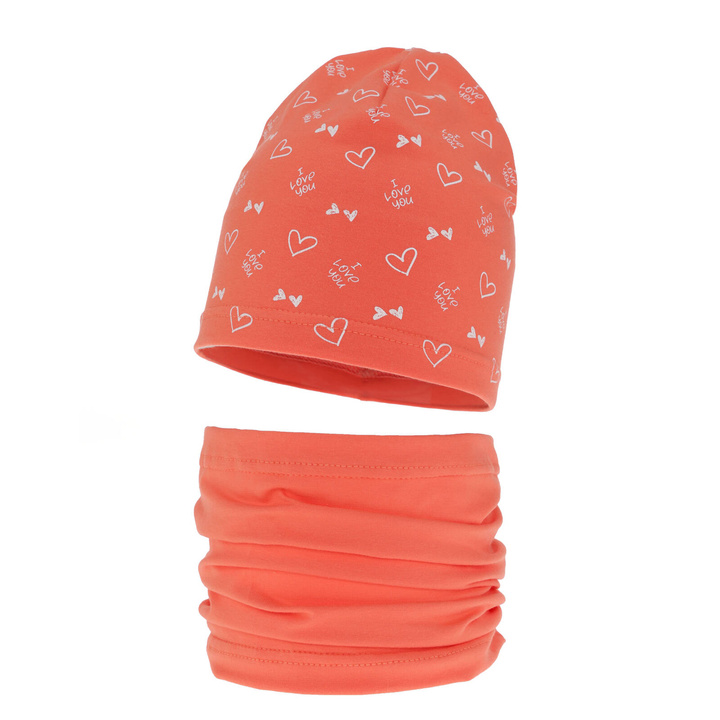 Ensemble automne/printemps fille: bonnet et snood, corail, en coton, Lovena