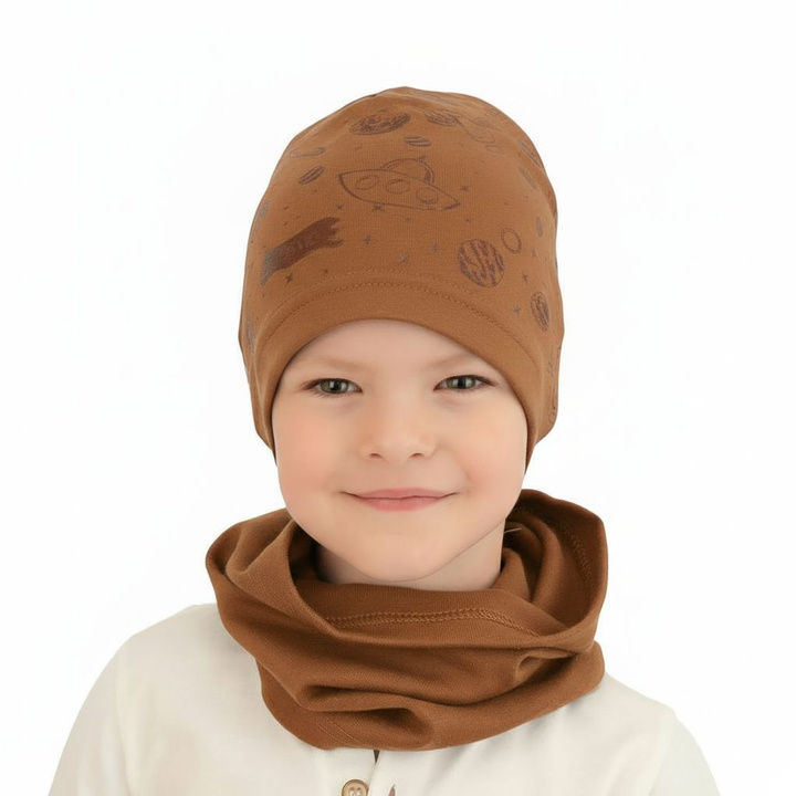 Ensemble automne/printemps garçon: bonnet et snood, camel, coton, Kosmos