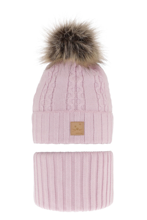 Ensemble d'hiver fille: bonnet et snood, liliowy, avec pompon, Alexia