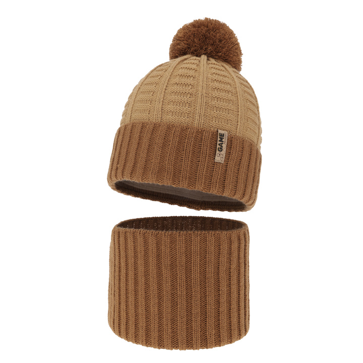 Ensemble d'hiver garçon: bonnet et snood, camel, avec pompon, Leo