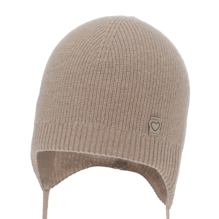 Bonnet automne/printemps fille, beige foncé, laine mérinos avec cachemire, avec liens, Orida