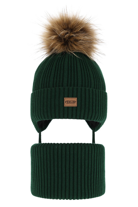 Ensemble d'hiver garçon: bonnet et snood, vert, avec pompon, avec liens, Eger