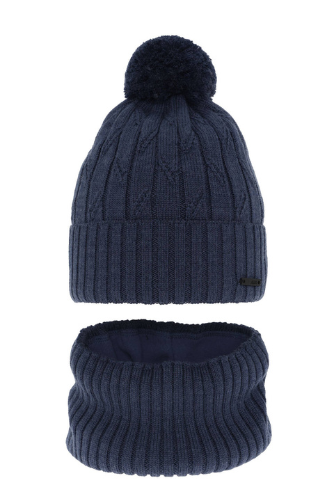 Ensemble d'hiver garçon: bonnet et snood, bleu, avec pompon, avec laine mérinos, Talar