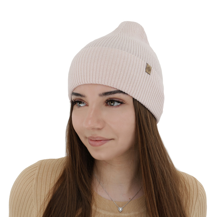 Bonnet automne/printemps femme, rose clair, avec laine mérinos et cachemire, Alineta