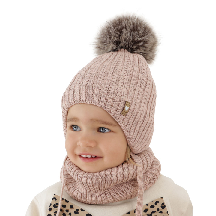 Ensemble d'hiver fille: bonnet et snood, beige, avec laine mérinos, avec pompon, avec liens, Muanda