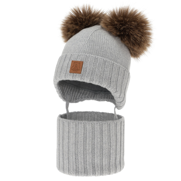 Ensemble bonnet et tour de cou garçon, hiver, gris, 100% laine mérinos, doublé polaire laine, Ronik