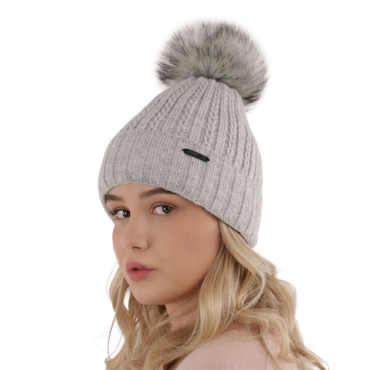 Bonnet d'hiver femme, gris, avec pompon, Karizma