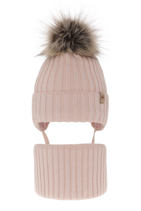 Ensemble d'hiver fille: bonnet et snood, beige, avec pompon, Louisa