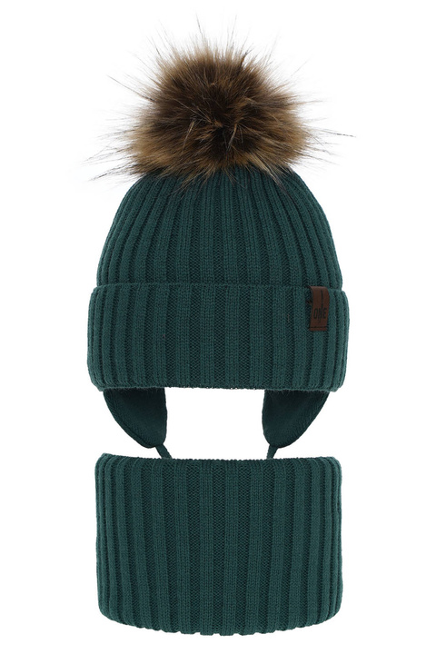 Ensemble d'hiver garçon: bonnet et snood, vert émeraude, avec pompon, Puzel