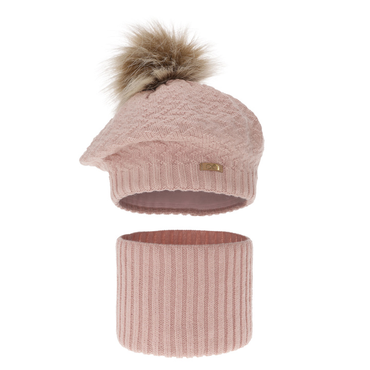 Ensemble d'hiver fille: beret et snood, rose, avec pompon, Atene