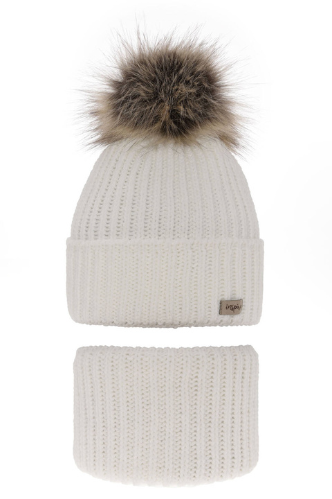 Ensemble d'hiver fille: bonnet et snood, blanc, avec pompon, Willow