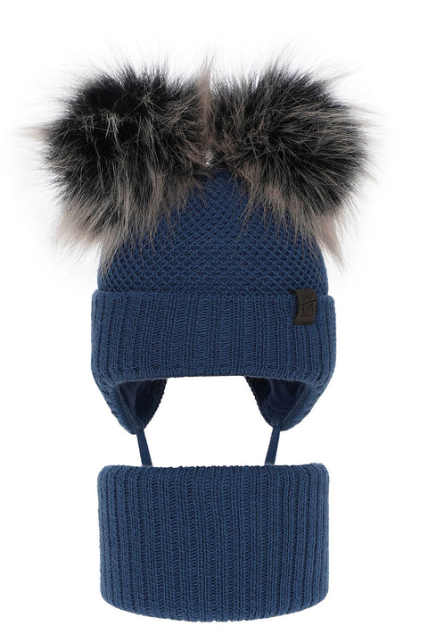Ensemble d'hiver garçon: bonnet et snood, bleu marine, avec deux pompons, Randel