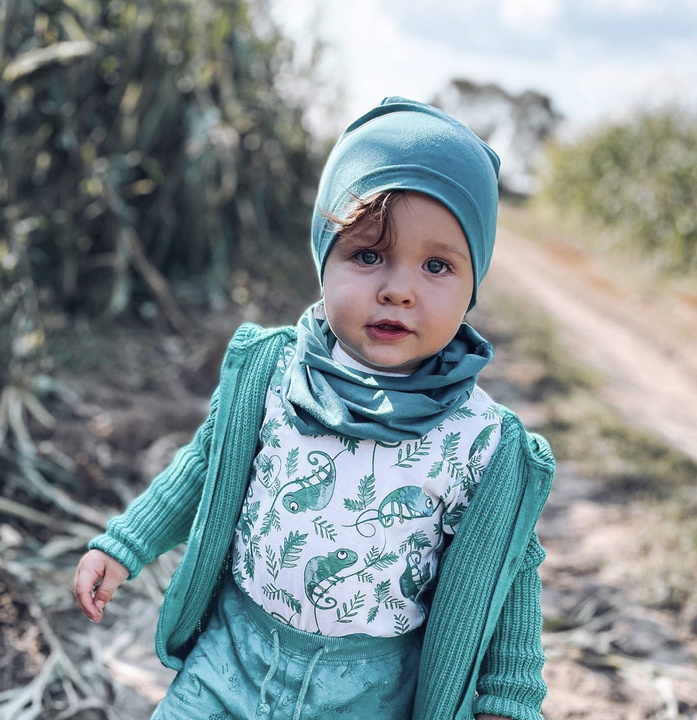 Ensemble automne/printemps garçon: bonnet et snood, vert émeraude, en coton, Hazel