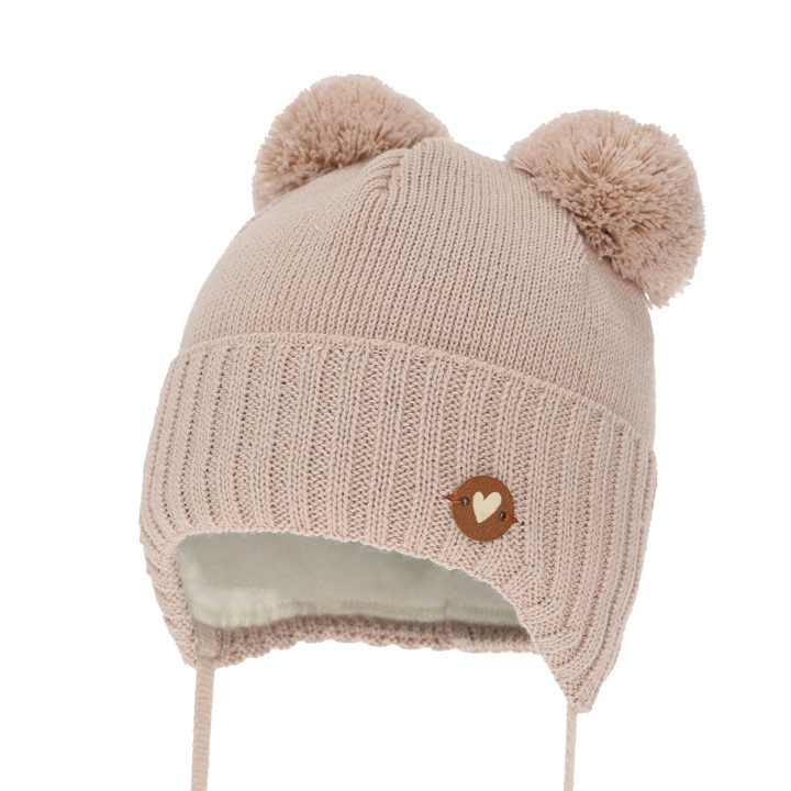 Bonnet d'hiver fille, beige, avec liens, avec laine mérinos, Dari