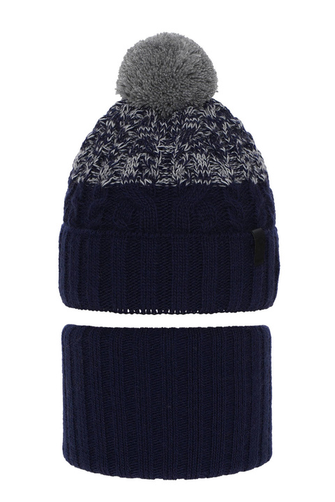 Ensemble d'hiver garçon: bonnet et snood, bleu marine, avec pompon, Travis