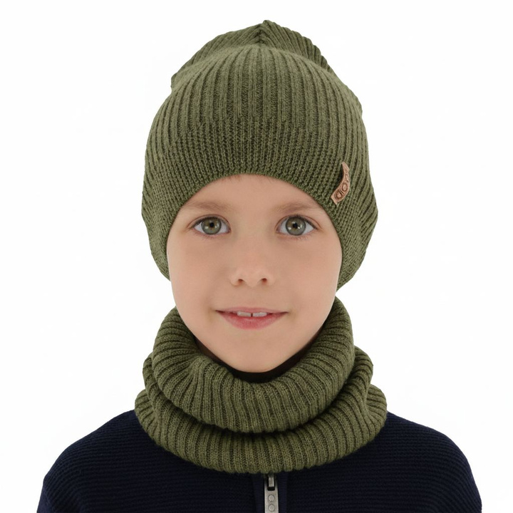Ensemble automne/printemps garçon: bonnet et snood, khaki, avec laine mérinos, Chester