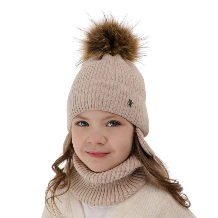 Ensemble d'hiver fille: bonnet et snood, beige, avec pompon, Debra