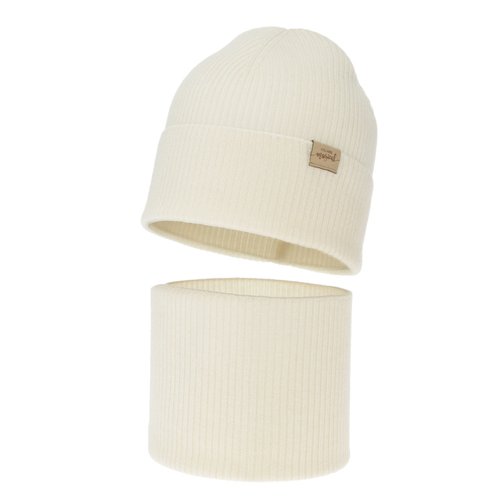 Ensemble automne/printemps fille: bonnet et snood, crème, 100% Laine Mérinos, Magenta