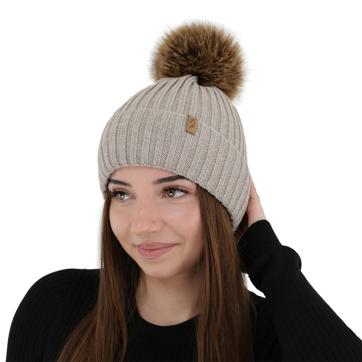Bonnet d'hiver femme, beige clair, avec laine mérinos, Zamira