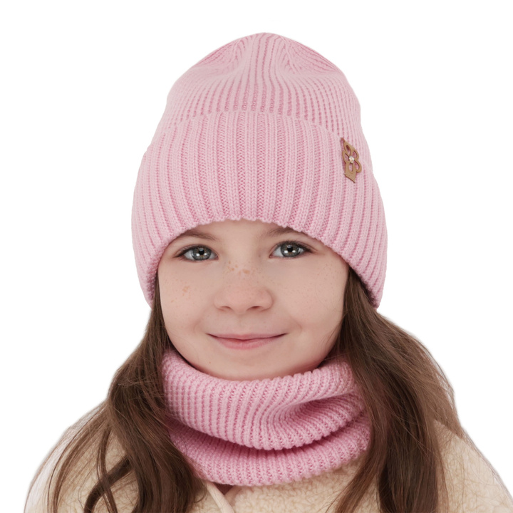Ensemble d'hiver fille: bonnet et snood, rose, avec laine mérinos, Nelita