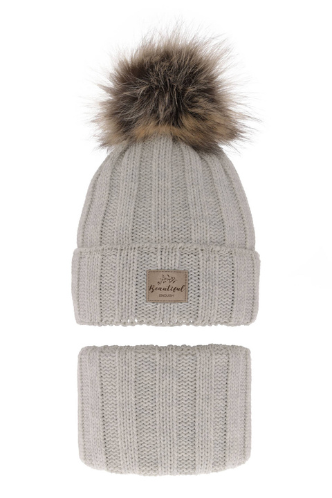 Ensemble d'hiver fille: bonnet et snood, gris, avec pompon, Kaliope