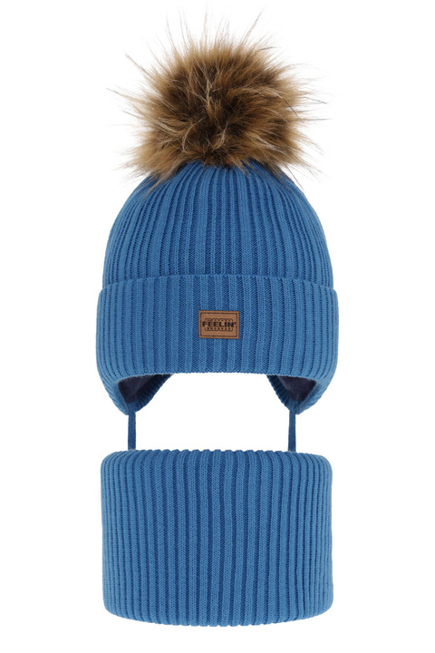 Ensemble d'hiver garçon: bonnet et snood, bleu, avec pompon, Eger
