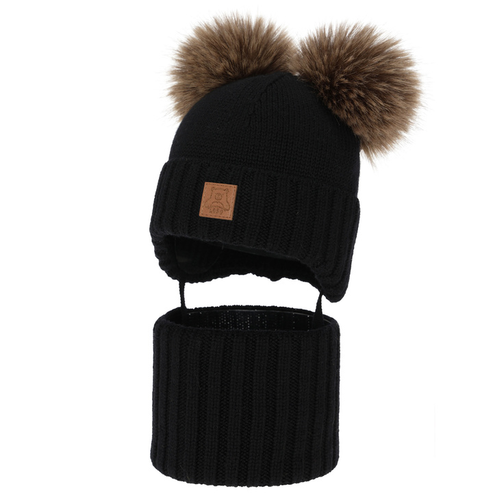 Ensemble bonnet et tour de cou garçon, hiver, noir, 100% laine mérinos, doublé polaire laine, Ronik