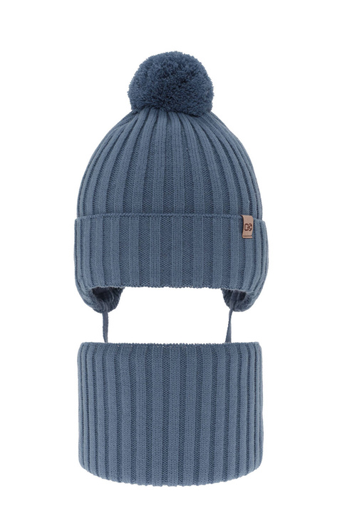 Ensemble d'hiver garçon: bonnet et snood, bleu, avec pompon, Carlo