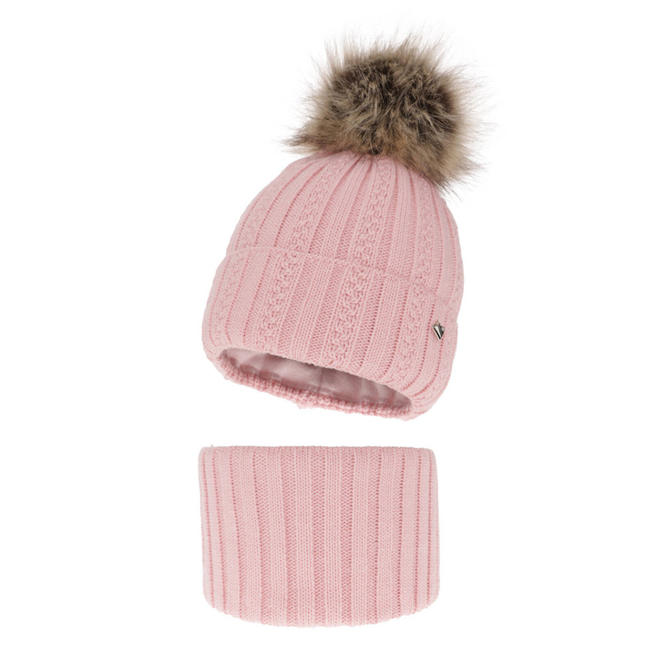 Ensemble d'hiver fille: bonnet et snood, rose, avec pompon, Wirginia