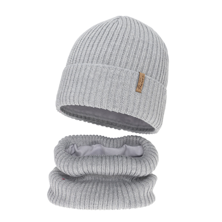 Ensemble d'hiver fille: bonnet et snood, gris, doublé de polaire, avec laine mérinos, Odette