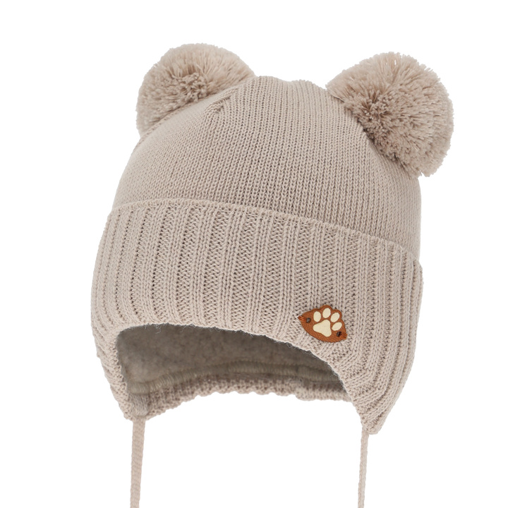 Bonnet d'hiver garçon, avec liens, avec laine mérinos, beige, Rimini