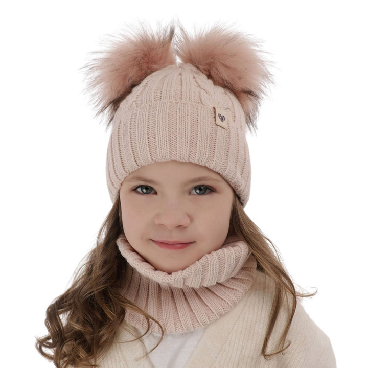 Ensemble d'hiver fille: bonnet et snood, rose, avec deux pompons, Amala