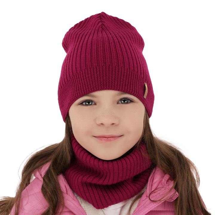 Ensemble automne/printemps fille: bonnet et snood, amarante, avec laine mérinos, Chelsie